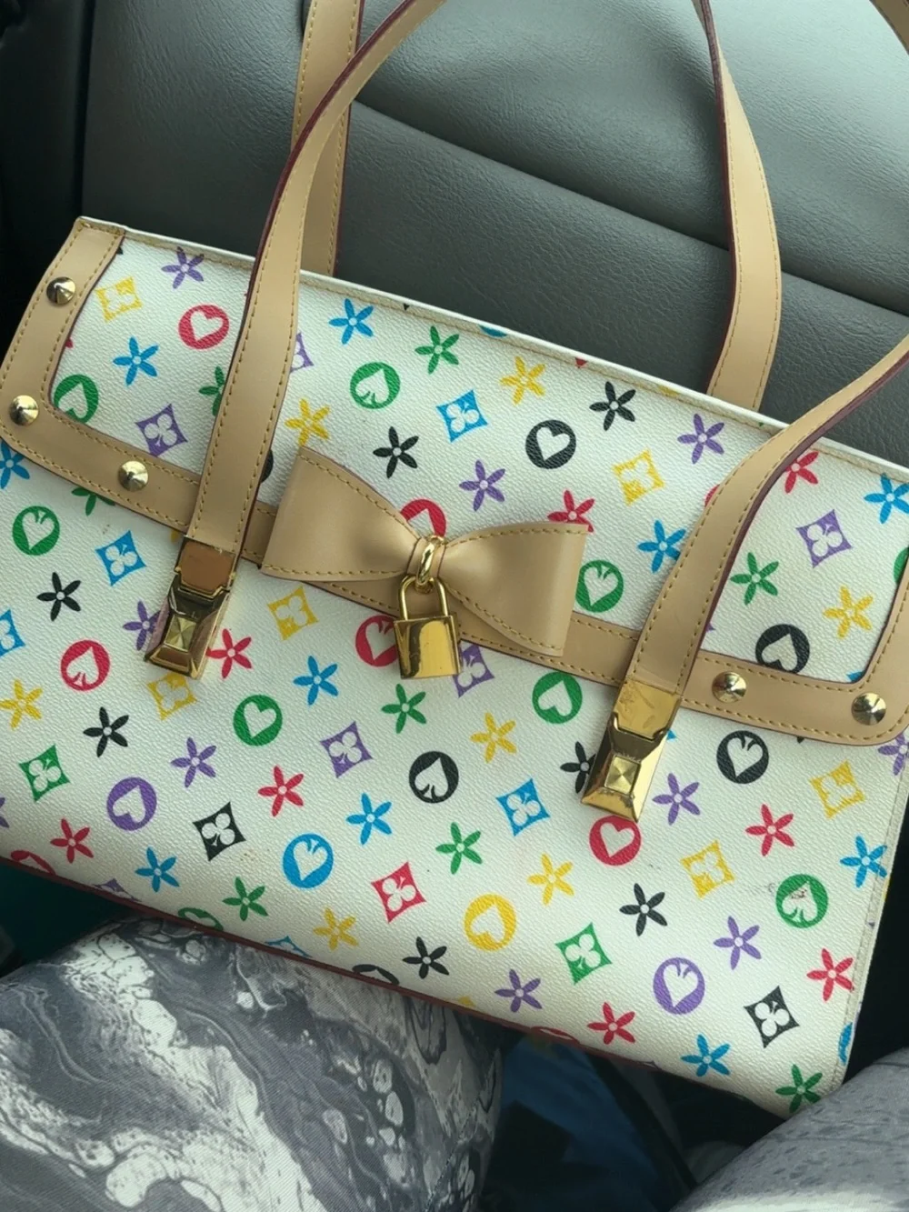 Knockoff Louis Vuitton White Multicolor Monogram Tote with Tan Bow and Gold Lock